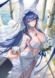 1boy animal_ears azur_lane bare_shoulders blue_eyes blue_hair blush bouquet breasts bridal_veil bride cg choker cleavage closed_mouth collarbone crossed_bangs dress fake_animal_ears female flower gloves hair_between_eyes hair_ornament holding holding_bouquet holding_hands large_breasts long_hair looking_at_viewer navel new_jersey_(azur_lane) new_jersey_(snow-white_ceremony)_(azur_lane) official_alternate_costume out_of_frame pov pov_hands rabbit_ears revealing_clothes rose see-through smile solo_focus standing veil very_long_hair wedding wedding_dress white_dress white_flower white_gloves white_rose