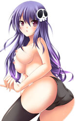 1girls ass black_panties blush breasts dat_ass erect_nipples female haqua_du_lot_herminium kami_nomi_zo_shiru_sekai long_hair open_mouth panties purple_hair solo stockings topless underwear