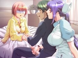 bed blush censored closed_eyes cum cum_on_clothes cumshot game_cg handjob hospital mosaic_censoring nagu_mihara nurse pajamas penis proud purple_hair red_hair smile swindle