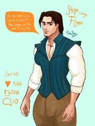 1boy blueboybara bulge caucasian caucasian_male clothed dialogue disney disney_prince english_text eugene_fitzherbert flynn_rider looking_at_viewer male male_only muscles muscular muscular_male solo solo_male strip_game tangled tangled:_the_series