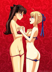 aqua_eyes artoria_pendragon ass black_hair blonde_hair blush breast_grab breasts fate/stay_night fate_(series) female female_only green_eyes hair_ribbon lingerie long_hair nikochan pussy ribbon tied_hair tohsaka_rin twintails uncensored underwear yuri