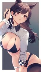 absurdres adjusting_hair animal_ears atago_(azur_lane) atago_(stunning_speedster)_(azur_lane) azur_lane bangs black_hair black_legwear breasts cleavage commentary_request cowboy_shot extra_ears eyebrows_visible_through_hair eyelashes female forehead hair_behind_ear hair_ribbon highres kazane-wind large_breasts long_hair mole mole_under_eye parted_bangs parted_lips red_eyes ribbon shrug_(clothing) simple_background single_thighhigh solo teeth thighhighs twisted_torso two-tone_background white_ribbon wolf_ears wolf_girl wrist_cuffs