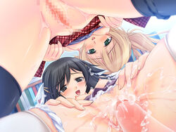 1boy 2girls artist_request black_eyes black_hair blonde_hair blush breasts censored character_request clothing cum cum_in_pussy cum_inside erect_nipples game_cg green_eyes long_hair nipples open_mouth panties panties_around_leg penis ponytail pussy pussy_juice saimin_seikatsu straight threesome vaginal_penetration white_skin