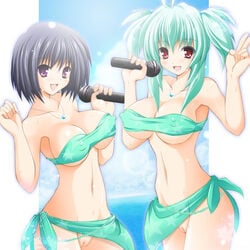 2girls :d antenna_hair aqua_hair bandeau bare_shoulders bikini black_cat_(series) black_hair blue_hair blush bottomless breasts cleavage cloud crossover erect_nipples female female_only green_hair holding idol jewelry kirisaki_kyouko large_breasts microphone multiple_girls navel necklace ocean open_mouth outdoors print_bikini public_nudity purple_eyes purple_hair pussy red_eyes run_elsie_jewelria sarong sea short_hair short_twintails singing sky smile standing star star_print strapless strapless_bikini strapless_swimsuit sunlight sweat swimsuit tied_hair to_love-ru top twintails uncensored underboob v water womi