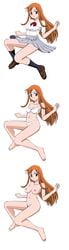 bleach breasts footwear hair_ornament highres inoue_orihime long_hair long_image miniskirt nude orange_hair school_uniform skirt smile socks tall_image