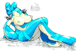 breasts dripping furry horn lapras large_breasts nintendo nipples pokemon pokemon_rgby sasamix shiny simple_background sitting smirk spikes straight_hair water wet