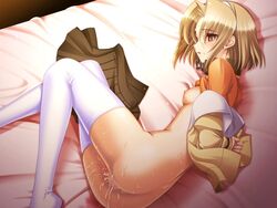 after_sex arms_behind_back bed blonde_hair blood bondage censored chains collar cum cum_inside cum_on_face cumdrip empty_eyes flat_chest game_cg hairband nipples on_side rape school_uniform shirt_lift solo sweat tears thighhighs virgin