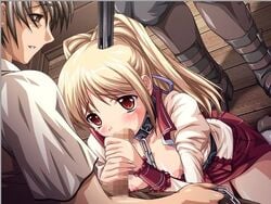 1girls blonde_hair bondage boots breasts censored chains collar fellatio forced forced_oral game_cg gun gun_to_head nipples open_clothes open_shirt oral pants penis rape red_eyes ryoujoku_guerilla_gari ryoujoku_guerilla_kari shironeko_sanbou shirt suck_my_dick_or_die! vest weapon