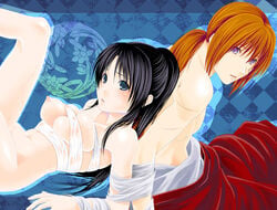 1boy 1girls bare_shoulders black_hair breasts couple erect_nipples female green_eyes hair_ribbon human kaoru_kamiya kenshin_himura large_breasts long_hair looking_back lying male midriff nameko_(mds) nipples no_sex orange_hair pale-skinned_female pale_skin ponytail purple_eyes redhead rurouni_kenshin sarashi scar shounen_jump tied_hair wet