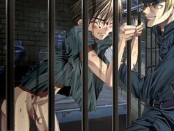 2boys bars blonde_hair blush bottomless closed_eyes crying durer_(enzai) enzai gay gun guys_(enzai) male male_only multiple_boys penis prison prisoner tears uncensored uniform weapon yaoi yellow_eyes