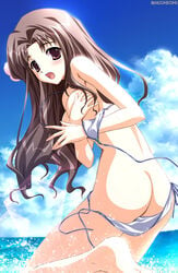 1girls ass beach bikini bikini_malfunction blush breasts brown_eyes brown_hair character_request copyright_request covering_breasts female long_hair looking_at_viewer looking_back moonstone open_mouth solo swimsuit wardrobe_malfunction white_skin