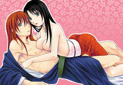 1boy 1girls black_hair blue_eyes breasts couple female hair_ribbon human japanese_clothes kaoru_kamiya kenshin_himura kimono large_breasts long_hair lying male nameko_(mds) nipples orange_hair pale-skinned_female pale_skin ponytail purple_eyes rurouni_kenshin scar shounen_jump