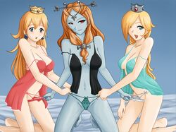 3girls blonde_hair blue_eyes blue_skin breasts cleavage clothes crossover female female_only frankman hair human interspecies kneeling mario_(series) midna multiple_females multiple_girls nintendo orange_eyes orange_hair panties panty_pull princess_peach princess_rosalina straight_hair the_legend_of_zelda twili twili_midna twilight_princess uncensored underwear