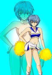 1girls blue_background blue_hair breasts cheerleader clothing gentoku highres looking_at_viewer neon_genesis_evangelion nipples nude panties pom_poms red_eyes rei_ayanami short_hair skirt small_breasts smile solo straight_hair white_skin