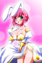 animal_ear blush breasts breasts_out breasts_out_of_clothes covering dress estellise_sidos_heurassein green_eyes large_breasts nipples pink_hair tales_of_(series) tales_of_vesperia wardrobe_malfunction