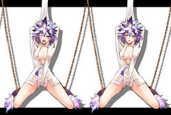 alternate_costume arms_up blush bondage chains clothing empty_eyes feathers headdress kuzuryu_amane kuzuryuu_amane megami_ibunroku_devil_survivor purple_eyes purple_hair segami_daisuke tears