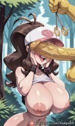 ahe_gao ahegao_face ai_generated big_breasts big_penis breasts brown_hair cape covered_eyes eyeless_female face_covered female forest hands_on_cheeks hilda_(pokemon) hypno_(pokemon) hypnosis nipples penis penis_covering_eyes penis_over_eyes penis_over_face pokemon pokephilia rampa69 shoes smile