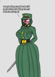 1girls ass belt belt_buckle big_ass big_breasts breasts countryhumans countryhumans_girl english english_text female female_focus female_only imperial_japan japanese_empire_(countryhumans) military military_hat military_uniform seregamecta sword text