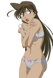 blush bra brown_hair censored covering detective_conan duplicate lingerie long_hair mori navel panties ran_mouri solo