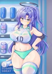 absurdres alternate_costume black_bra black_panties blue_archive blue_eyes blush bra bra_visible_through_clothes breasts buruma can curvy drink_can female green_buruma halo halter_shirt halterneck hand_on_own_hip highres holding holding_can huge_thighs large_breasts long_hair looking_at_viewer mechanical_halo millennium_science_school_student navel panties panties_under_buruma purple_hair see-through seminar_(blue_archive) shirt sidelocks solo standing star_sticker sticker_on_face thick_thighs thighhighs thighs tong_shui two_side_up underwear vending_machine wet wet_clothes wet_shirt white_shirt white_thighhighs wide_hips yuuka_(blue_archive)