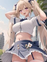 ai_generated anchorage_(azur_lane) azur_lane big_breasts crop_top panties pantyshot pantyshot_(standing) pink_eyes school_uniform schoolgirl slombert twintails upskirt white_legwear white_panties