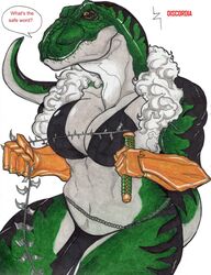 bondage breasts dinosaur dominatrix female looking_at_viewer scalie solo tagme tail teeth tyrannosaurus_rex whip zabraxas