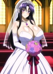 ai_generated akeno_himejima big_breasts black_hair breasts_bigger_than_head dark_purple_eyes dark_purple_hair flower flowers happy high_school_dxd marriage smile smiling wedding wedding_dress wedding_veil