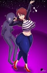 1boy 1girls 1male anonymous_male ass big_ass big_breasts big_butt boner breasts bubble_roxie erection female francyart34 high_heels male microphone red_hair tagme thick_thighs thighs