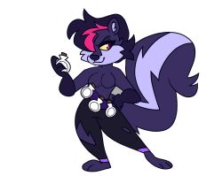 anthro anthro_skunk anthropomorphic anthropomorphic_skunk bandolier breasts breasts_exposed corked_bottle female female_focus female_only gloves indigo_park potion_bottle potions salem_(indigo_park) skunk topless