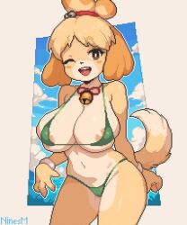 2024 animal_crossing anthro bell big_breasts bikini bikini_bottom bikini_top blonde_hair breasts brown_eyes canine cleavage female female_focus female_only furry green_bikini isabelle_(animal_crossing) ninesm nintendo nipple_peek nipples one_eye_closed pixel_art thighs tied_hair winking winking_at_viewer yellow_fur