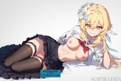 ai_assisted ai_generated ai_generated_background ai_upscaled belly black_skirt blonde_hair comission crudesiren cum cum_in_pussy cum_inside feathers female flower_in_hair genshin_impact looking_at_viewer lumine_(genshin_impact) lying medium_breasts patreon patreon_username seductive smile stockings white_shirt yellow_eyes