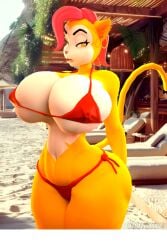 3d 3d_(artwork) anthro big_breasts bikini carbiid3 feline female female_only huge_breasts large_breasts looking_at_viewer monique_pussycat pink_hair super_fuck_friends wide_hips yellow_fur