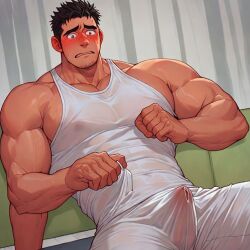 3_arms ai_generated balls_under_clothes bara blush boyfriendai bulge clothing covered_nipples erection_under_clothes male male_only multi_arm multi_limb muscular_male penis_outline penis_under_clothes tight_clothing