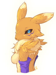 blue_eyes breasts canine digimon female fox looking_at_viewer nipples nude renamon sideboob simple_background solo visark