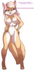 blonde_hair blue_eyes breasts canine creamytea eyeliner female fox hair hand_on_hip lipstick long_hair long_tail looking_at_viewer multicolored_hair nude pink_eye_shadow pink_hair pussy solo streaks tail