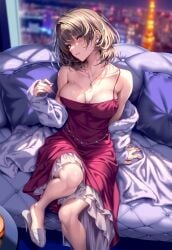 arm_support bangs bare_shoulders blue_eyes blurry blurry_background blush breasts brown_hair city_lights clavicle cleavage clothing coat couch dress earrings eyebrows_visible_through_hair female female_only footwear green_eyes head_tilt heterochromia high_heels idolmaster idolmaster_cinderella_girls indoors jewelry knee_up large_breasts long_sleeves looking_at_viewer medium_breasts mole mole_under_eye nail_polish necklace night off_shoulder on_couch open_mouth parted_lips pillow pink_nails piromizu red_dress shoe_dangle shoes short_hair sitting smile solo spaghetti_strap strap_pull strap_slip takagaki_kaede white_coat white_footwear window