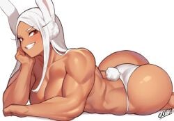 1girls artist_signature ass big_ass big_breasts breasts cleavage dark-skinned_female female female_only gojich1 hi_res long_eyelashes looking_at_viewer lying miruko muscular muscular_female my_hero_academia rabbit_ears rabbit_tail red_eyes rumi_usagiyama smile topless white_background white_hair white_underwear