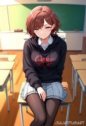 ai_generated bangs black_pantyhose black_sweater blush breasts brown_hair brown_pantyhose chair chalkboard classroom closed_mouth collared_shirt desk drawstring feet_out_of_frame female grey_skirt hair_ornament hairclip higuchi_madoka hood hoodie idolmaster indoors juliatitusart long_sleeves looking_at_viewer medium_breasts miniskirt mole mole_under_eye nail_polish on_desk pantyhose pink_nails plaid plaid_skirt pleated_skirt purple_eyes school_desk school_uniform shirt short_hair sitting sitting_on_desk skirt smile solo sweater swept_bangs white_shirt