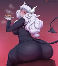 1girls ass ass_focus back back_view backboob big_ass blunt_bangs clothing dat_ass demon demon_girl demon_horns female female_only food glowing_eyes hair helltaker holding_plate horns huge_ass long_hair looking_back lucifer_(helltaker) mole mole_under_eye pantylines plate red_eyes solo solo_female steam tail tehhank white_hair