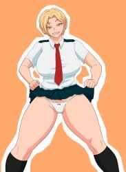 1girls blonde_hair boku_no_hero_academia female female_only female_pubic_hair looking_at_viewer mfuncen my_hero_academia ryuukyuu sharp_teeth skirt_lift solo tatsuma_ryuuko thighs upskirt yellow_eyes