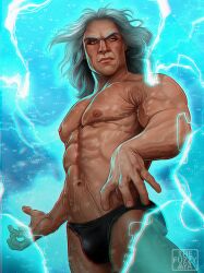 abs bara biceps black_thong black_underwear dilf long_hair looking_at_viewer magneto male_only marvel muscular_male nipples older_male pecs solo_male thefuzzyaya underwear_only veiny_muscles white_hair x-men x-men_97 yaoi