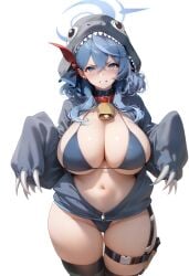 ako_(blue_archive) bangs bell bikini blue_archive blue_bikini blue_eyes blue_hair blush breasts cleavage clenched_teeth collar cowbell female gehenna_academy_student hair_between_eyes halo hood huge_breasts large_breasts long_hair long_sleeves navel neck_bell prefect_team_(blue_archive) skindentation solo stomach swimsuit teeth thick_thighs thigh_strap thighs white_background zipper