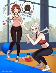 2girls alternate_hairstyle ass ball black_leggings blush cheering commission edelgard_von_hresvelg english_commentary english_text exercise_ball exercising female female_only fire_emblem fire_emblem:_three_houses fire_emblem_warriors:_three_hopes heart imagining indoors leggings monica_von_ochs multiple_girls nintendo official_alternate_hairstyle ponytail purple_eyes red_hair rein_creamsoda squatting thought_bubble twitter_username white_hair workout_clothes yuri