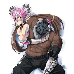 1boy 1girls abs armor_king big_breasts black_gloves black_pants breasts brown_eyes brown_hair corset dark-skinned_male dark_skin elbow_pads feathers female fingerless_gloves from_behind gloves hug hugging human interracial jaycee julia_chang large_breasts long_hair luchador luchadora male mask muscular namco pants shirtless tekken tekken_2 tekken_3 tekken_4 tekken_tag_tournament tekken_tag_tournament_2 thigh_boots tied_hair twintails white_gloves wrestler wrestling