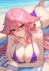 1girls ai_generated animal_ears ass bangs bare_shoulders barefoot beach bikini blush breasts cleavage clothing completely_nude curvaceous curvaceous_female curvaceous_figure curvy curvy_figure earrings feet feet_up female female_focus female_only floppy_ears fox_ears genshin_impact hair_between_eyes hair_ornament hoyoverse hydrolis999 jewelry large_breasts light-skinned_female long_hair looking_at_viewer lying ocean on_stomach outdoors parted_lips pink_hair purple_bikini purple_eyes purple_swimsuit sand sidelocks smile solo swimsuit the_pose thighs thong_bikini voluptuous voluptuous_female water wet yae_miko