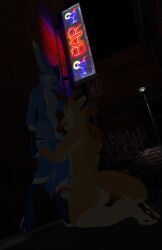 3d_(artwork) absurd_res anthro blazyer_(artist) blue_body brown_body canid canine digital_media_(artwork) duo fennec_fox fox head_grab hi_res male male/male mammal night oral outside paws public rexouium sex street street_lamp true_fox