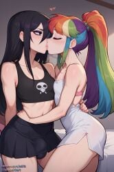 ai_generated black_hair black_skirt cute cute_face futa_on_female futa_sans_pussy futa_with_female futadom futanari goth goth_futa goth_girl hair_between_eyes incest iris_(osirix) long_hair oc original original_character original_characters osirix ponytail rainbow_hair siri_(osirix) sisters stable_diffusion swept_bangs twincest twins white_dress