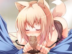 animal_ears bare_shoulders bent_over blonde_hair blush brown_hair chiri_(atlanta) closed_eyes fellatio fox_ears fox_tail male_pubic_hair oral original penis polka_dot pov pubic_hair saliva strap_slip tail ten'inkou_korin