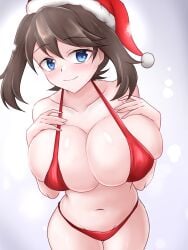 big_breasts bikini breasts captain_rs christmas cleavage collarbone female female_focus female_only huge_breasts large_breasts may_(pokemon) nintendo pokemon red_bikini santa_hat solo