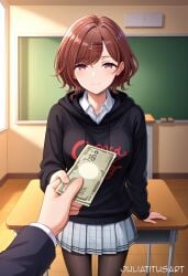 1boy ai_generated bangs black_hoodie black_jacket black_sweater blush breasts brown_hair chalkboard classroom closed_mouth collared_shirt cowboy_shot desk female grey_skirt hair_ornament hairclip higuchi_madoka holding holding_money hood hoodie idolmaster indoors jacket juliatitusart long_sleeves looking_at_viewer medium_breasts miniskirt mole mole_under_eye money out_of_frame pantyhose plaid plaid_skirt pleated_skirt pov pov_hands purple_eyes school_desk school_uniform shirt short_hair skirt smile solo_focus standing sweater swept_bangs white_shirt